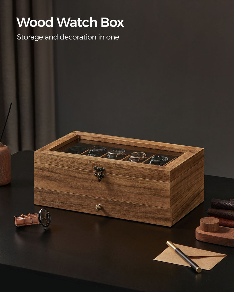 Wooden Watch Box with 12 Slots and Glass Lid 2 Tier Display Case Organiser by Songmics
