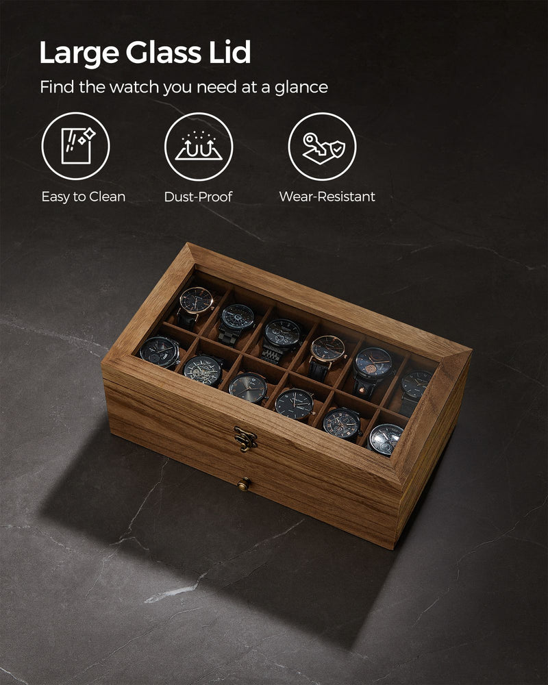 Wooden Watch Box with 12 Slots and Glass Lid 2 Tier Display Case Organiser by Songmics