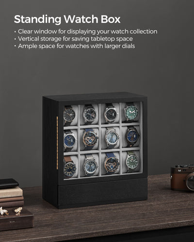 12 Slot Wooden Watch Box in Vertical Design Ebony Black Organiser Case by Songmics