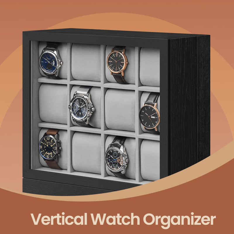 Wooden 12 Slot Watch Box Organiser with Glass Lid Display Case Ideal Gift by Songmics