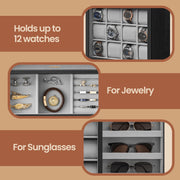 Wooden 12 Slot Watch Box Organiser with Glass Lid Display Case Ideal Gift by Songmics