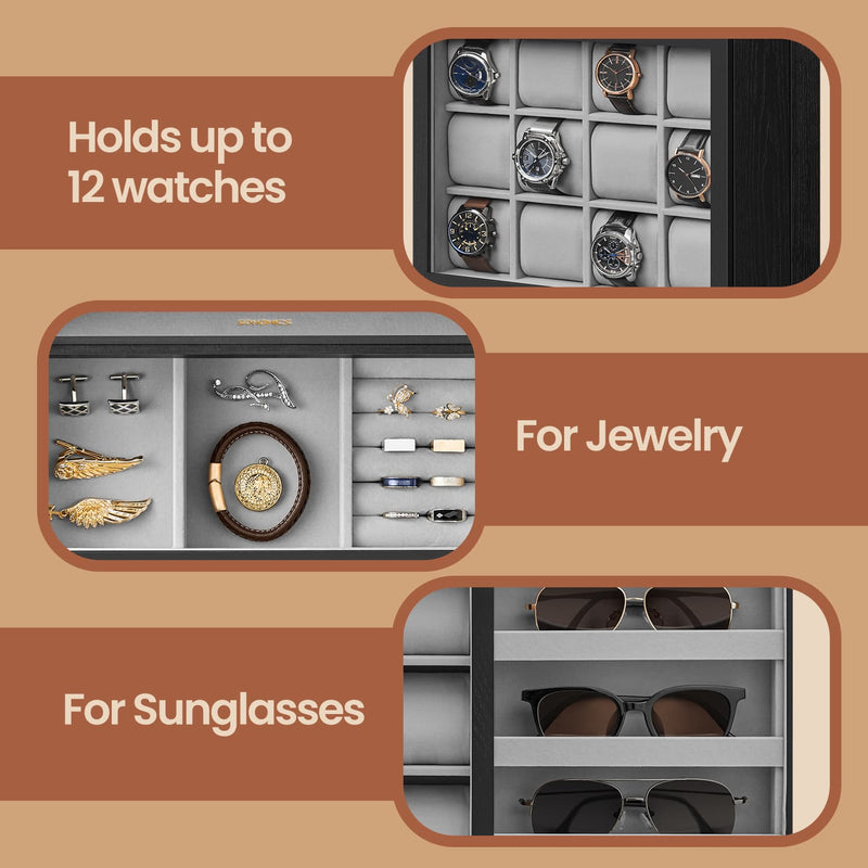 Wooden 12 Slot Watch Box Organiser with Glass Lid Display Case Ideal Gift by Songmics