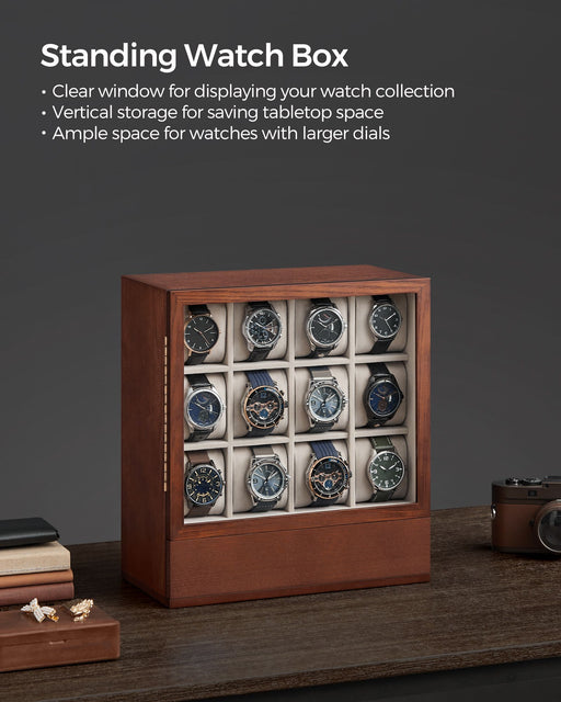 12 Slot Wooden Watch Box in Coffee Brown with Glass Lid and Soft Cushions by Songmics