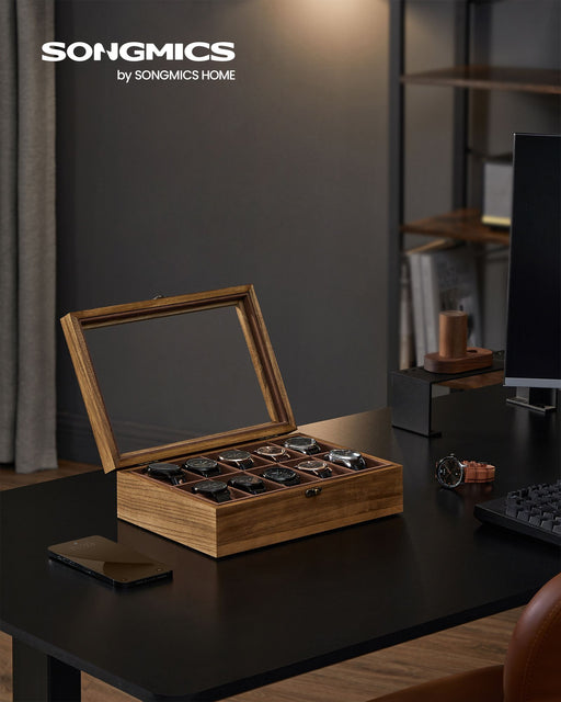Rustic Walnut Watch Box with 10 Slots Organiser for Men and Women by Songmics