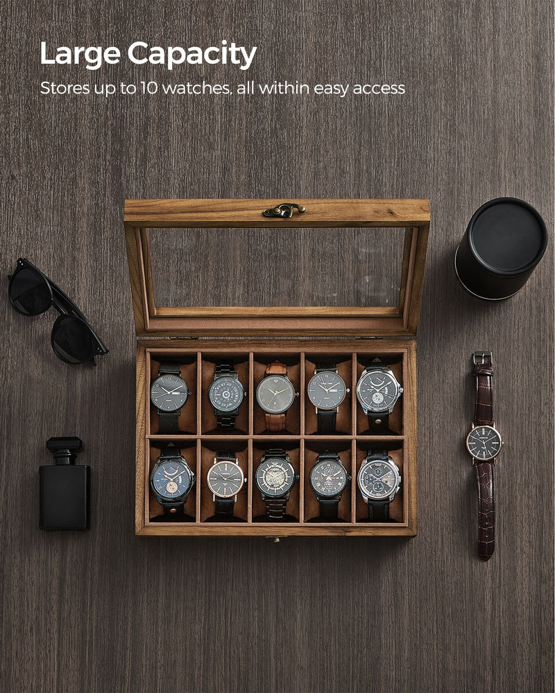 Rustic Walnut Watch Box with 10 Slots Organiser for Men and Women by Songmics