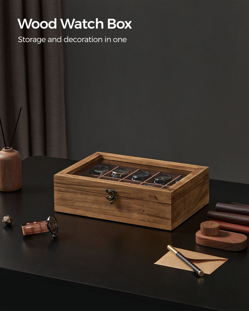 Rustic Walnut Watch Box with 10 Slots Organiser for Men and Women by Songmics