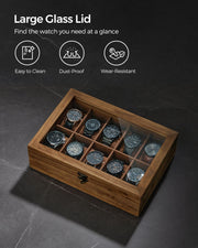 Rustic Walnut Watch Box with 10 Slots Organiser for Men and Women by Songmics