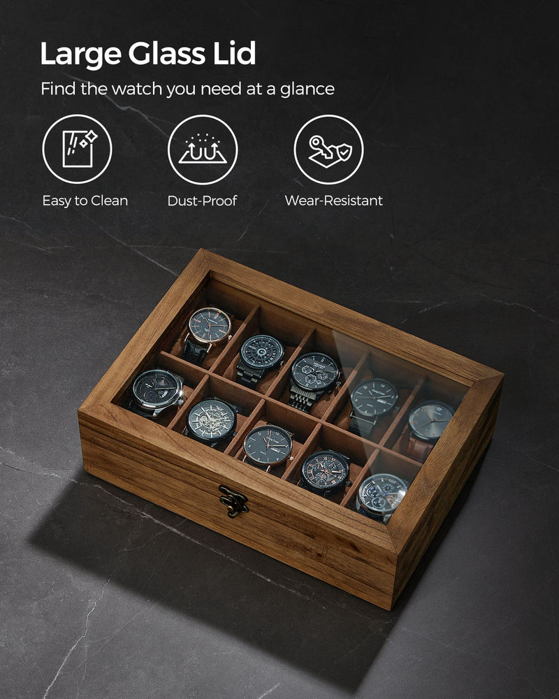 Rustic Walnut Watch Box with 10 Slots Organiser for Men and Women by Songmics
