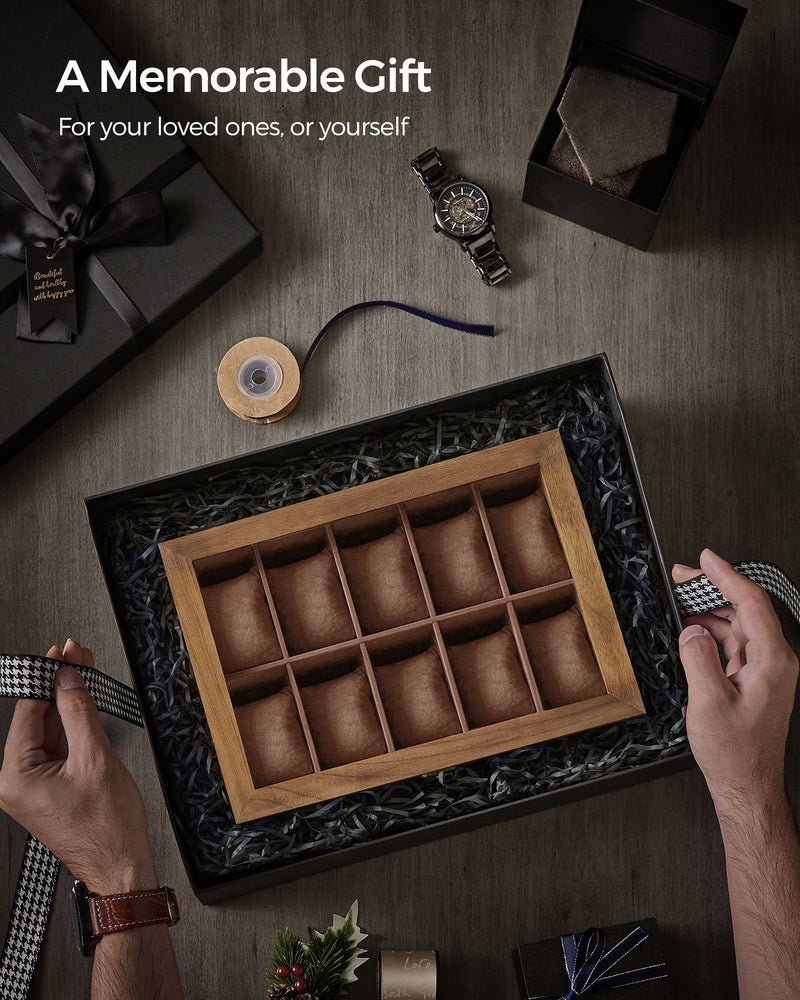 Rustic Walnut Watch Box with 10 Slots Organiser for Men and Women by Songmics