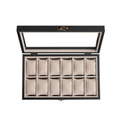 12 Slot Solid Wood Watch Box in Ebony Black with Glass Lid and Soft Lining by Songmics