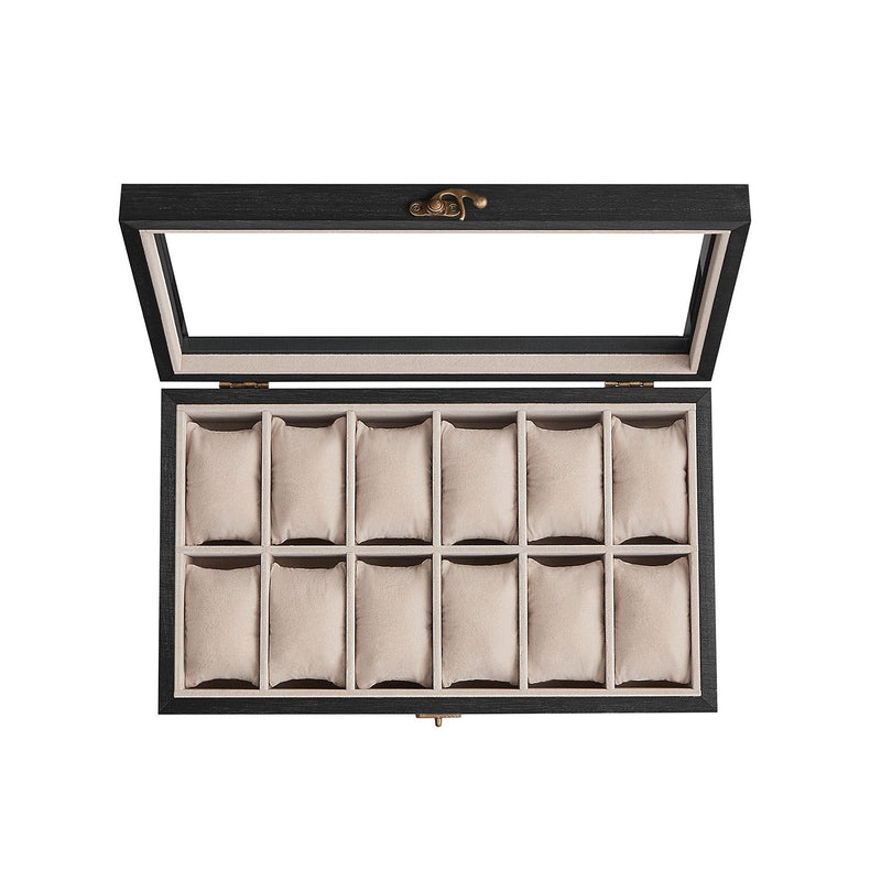 12 Slot Solid Wood Watch Box in Ebony Black with Glass Lid and Soft Lining by Songmics