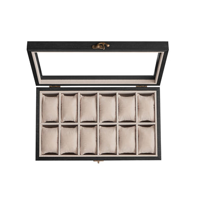 12 Slot Solid Wood Watch Box in Ebony Black with Glass Lid and Soft Lining by Songmics