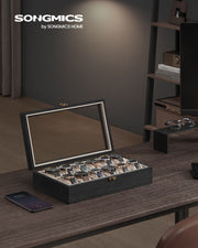 12 Slot Solid Wood Watch Box in Ebony Black with Glass Lid and Soft Lining by Songmics