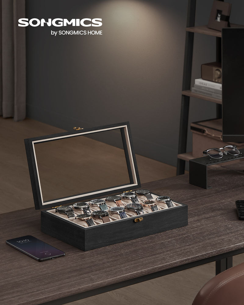 12 Slot Solid Wood Watch Box in Ebony Black with Glass Lid and Soft Lining by Songmics