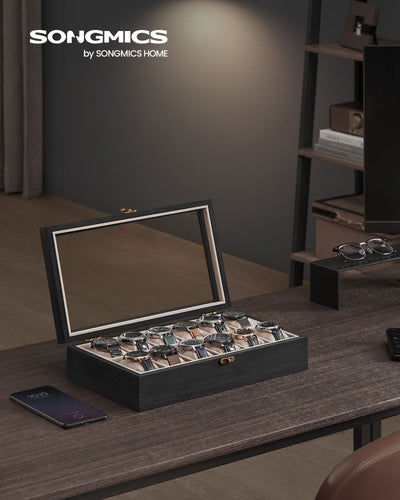 12 Slot Solid Wood Watch Box in Ebony Black with Glass Lid and Soft Lining by Songmics