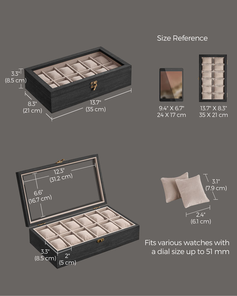 12 Slot Solid Wood Watch Box in Ebony Black with Glass Lid and Soft Lining by Songmics