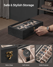 12 Slot Solid Wood Watch Box in Ebony Black with Glass Lid and Soft Lining by Songmics