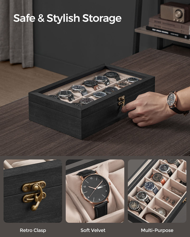 12 Slot Solid Wood Watch Box in Ebony Black with Glass Lid and Soft Lining by Songmics