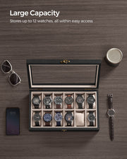 12 Slot Solid Wood Watch Box in Ebony Black with Glass Lid and Soft Lining by Songmics