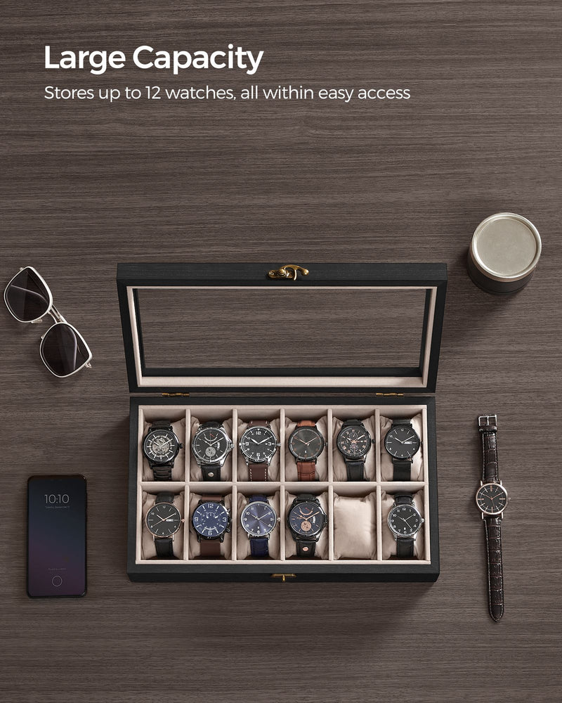 12 Slot Solid Wood Watch Box in Ebony Black with Glass Lid and Soft Lining by Songmics