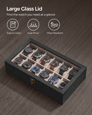 12 Slot Solid Wood Watch Box in Ebony Black with Glass Lid and Soft Lining by Songmics