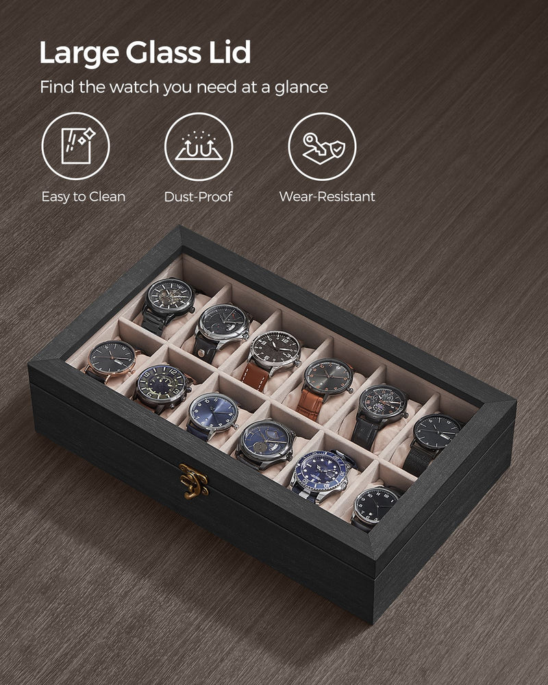 12 Slot Solid Wood Watch Box in Ebony Black with Glass Lid and Soft Lining by Songmics
