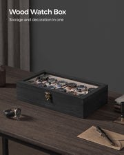 12 Slot Solid Wood Watch Box in Ebony Black with Glass Lid and Soft Lining by Songmics