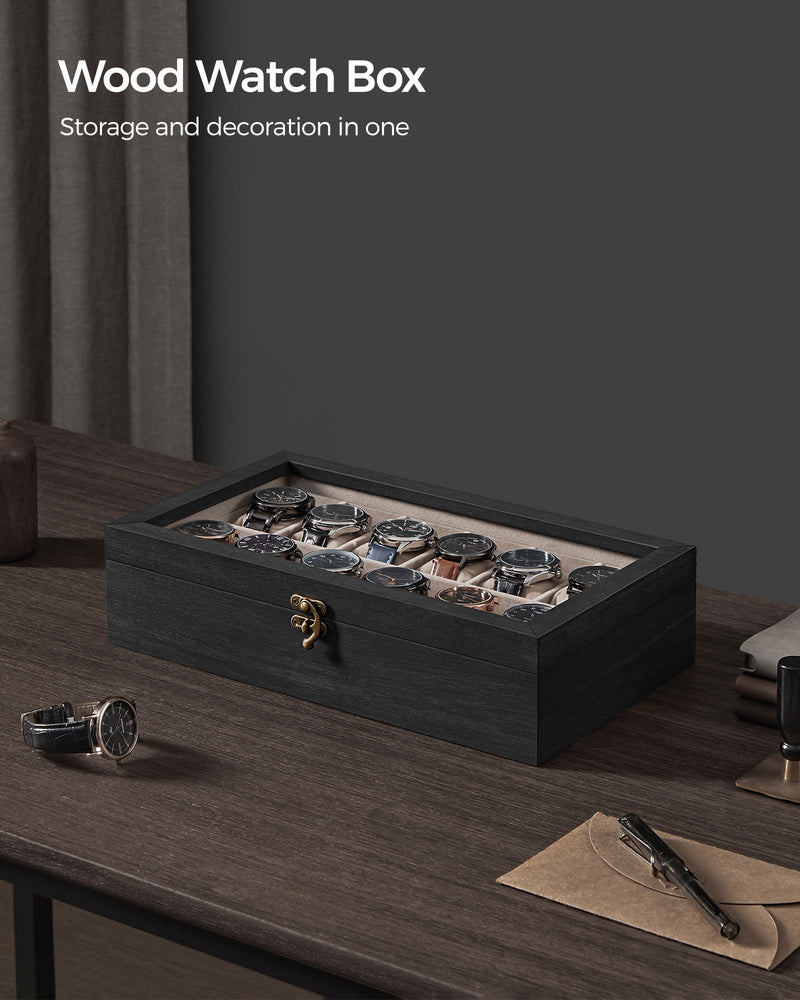 12 Slot Solid Wood Watch Box in Ebony Black with Glass Lid and Soft Lining by Songmics