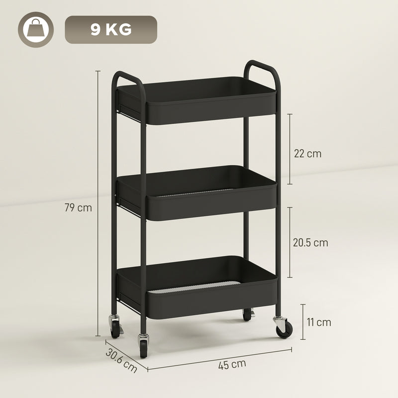Three Tier Steel Storage Trolley With Lockable Wheels For Home Or Office Use Black