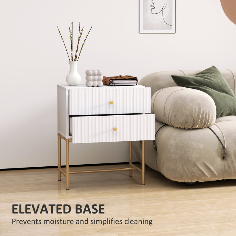White 2 Drawer Bedside Table With Gold Legs Elegant Bedroom Storage by HOMCOM