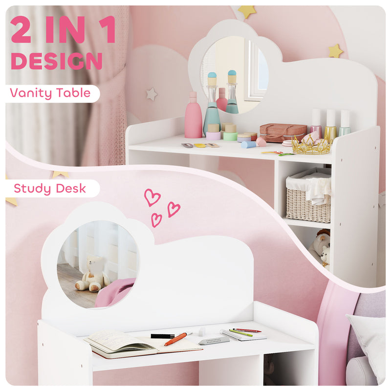 Kids Dressing Table With Mirror and Storage Shelves Includes Stool For Ages 3 to 8 White AOSOM