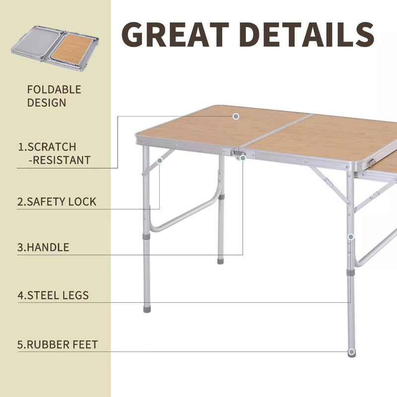 Folding Camping Table with Adjustable Height and Pull Out Side Table for Outdoor Dining Bamboo