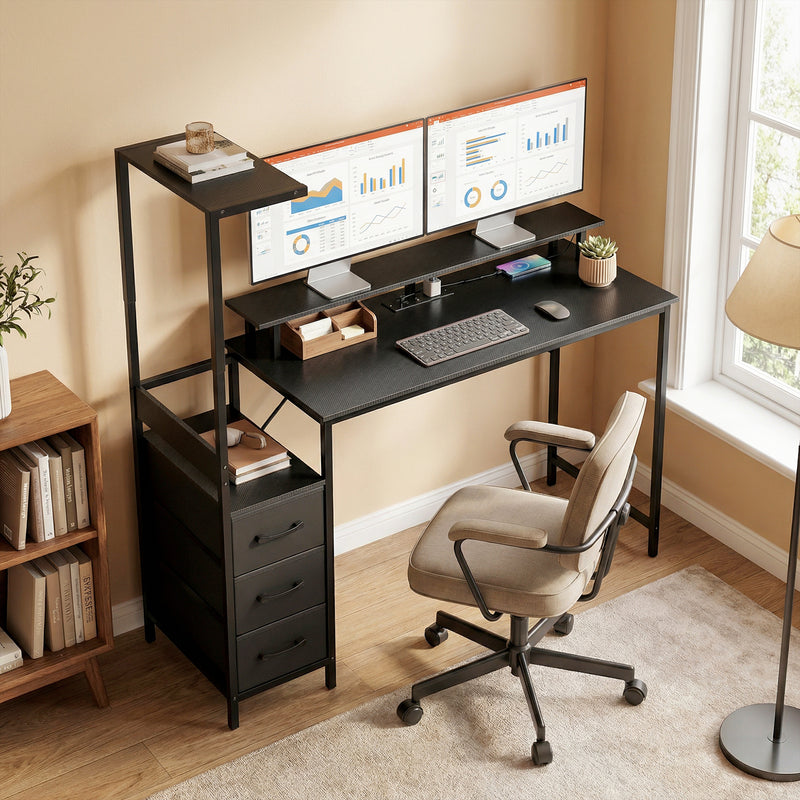 Computer Desk With Drawers and Charging Station for Dual Monitors and Gaming Black AOSOM