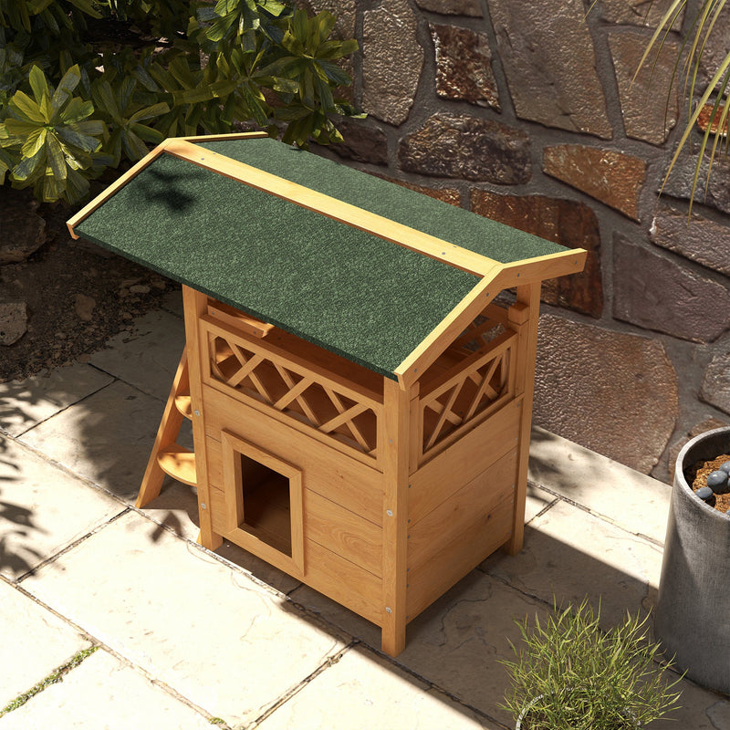 Outdoor Wooden Cat House With Balcony And Stairs Ideal Shelter For Pets, Natural Wood Finish