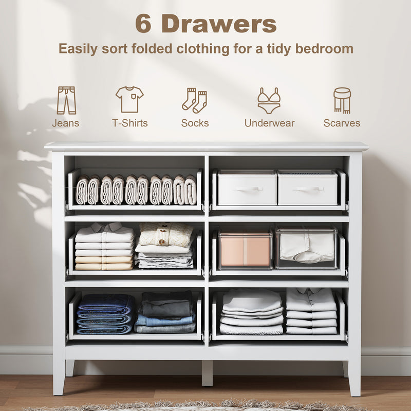 White 6 Drawer Chest of Drawers With Fluted Drawer Fronts and Gold Knobs - 100x40x78cm Homcom