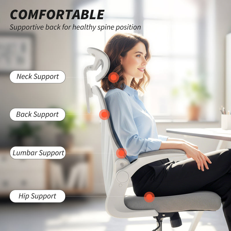 Ergonomic Office Chair With Adjustable Headrest And Foldable Backrest For Home Work Light Grey AOSOM