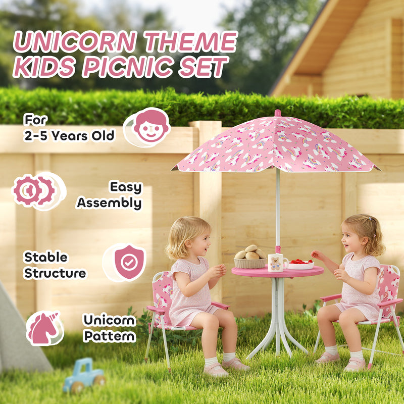 Kids Garden Table and Chair Set with Umbrella for Outdoor Playtime 4 Piece Pink AOSOM
