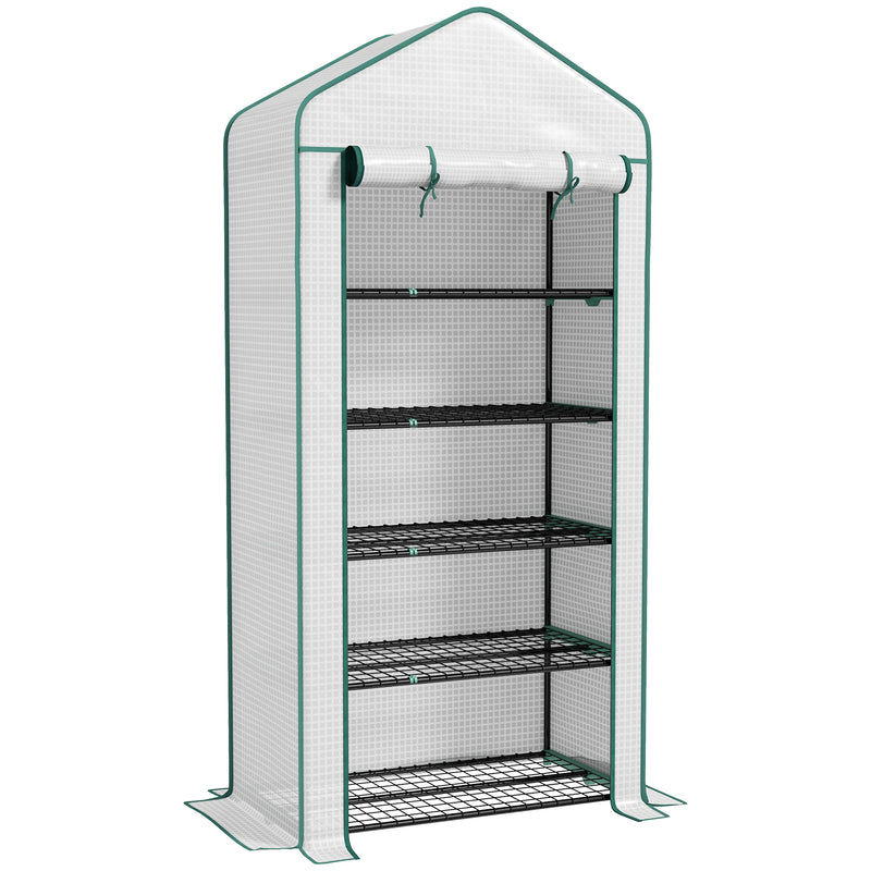 5 Tier Mini Greenhouse With Roll Up Door For Indoor Or Outdoor Use, White