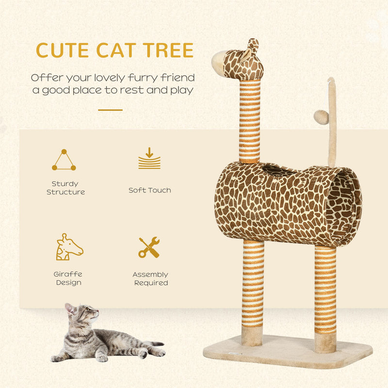 Giraffe Cat Tree with Scratching Posts Tunnel and Hanging Toy for Indoor Play Beige