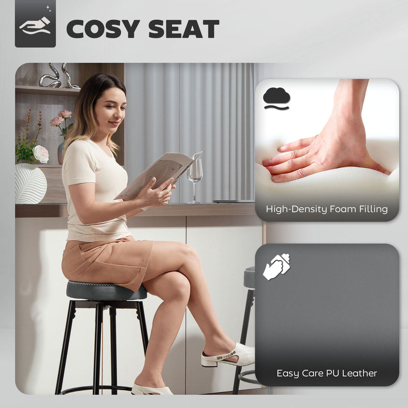 Set of Two Adjustable Faux Leather Bar Stools with Footrest for Kitchen or Home Bar, Grey