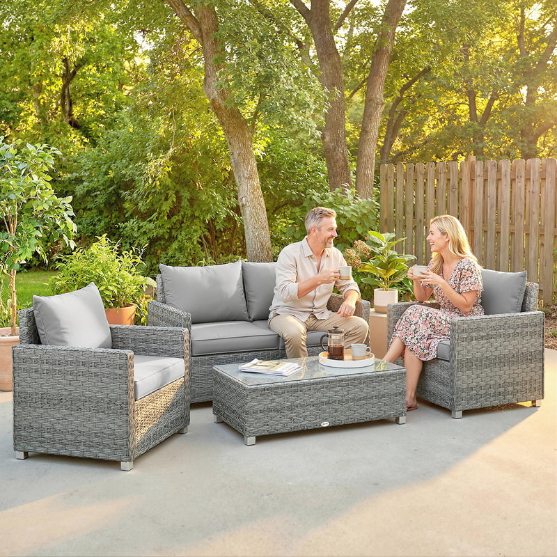 Grey Rattan Garden Furniture Set for Relaxing and Entertaining Outdoors 4 Piece Set With Table and Cushions Outsunny