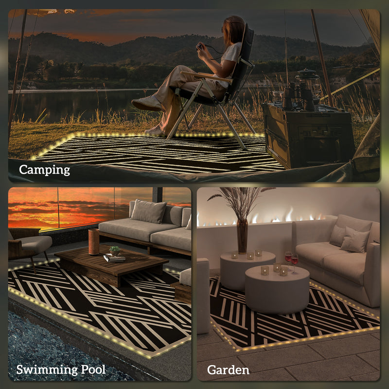 Reversible Outdoor Plastic RV Rug With LED Lights Black And Coffee 182 x 274cm