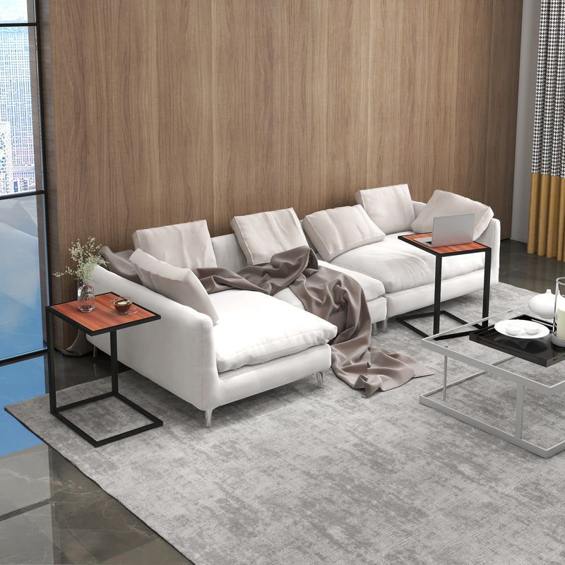 Set of 2 C Shaped Sofa Side Tables with Metal Frame for Living Room or Bedroom, Walnut and Black