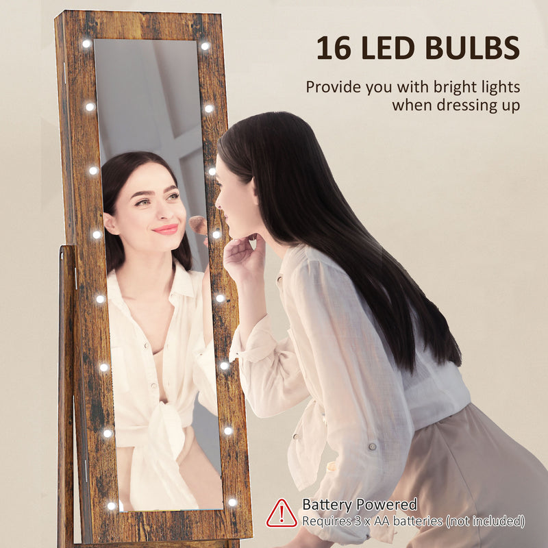 Freestanding Full Length Mirror Cabinet with LED Jewelry Storage and Adjustable Angle Rustic Brown