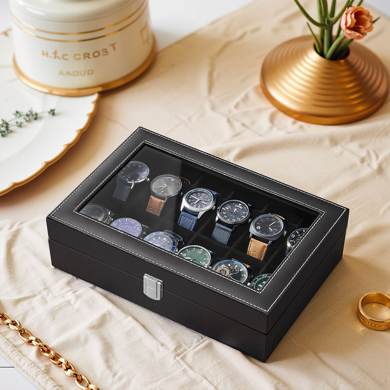 Lockable 12 Slot Watch Box with Glass Lid and Drawer for Organised Storage by Songmics