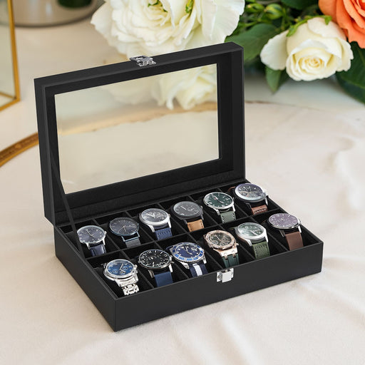 Lockable 12 Slot Watch Box with Glass Lid and Drawer for Organised Storage by Songmics