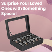 Lockable 12 Slot Watch Box with Glass Lid and Drawer for Organised Storage by Songmics