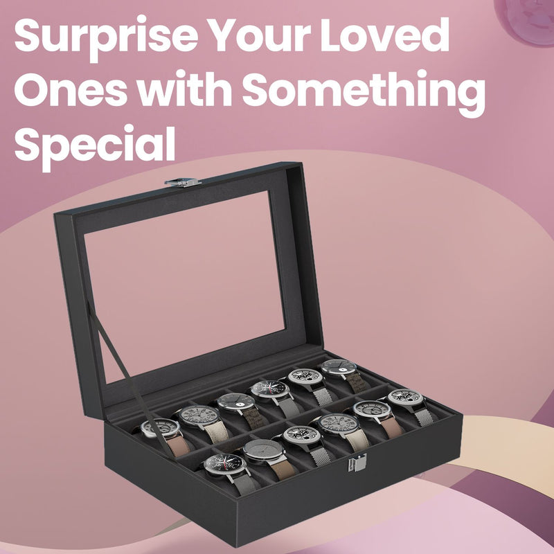 Lockable 12 Slot Watch Box with Glass Lid and Drawer for Organised Storage by Songmics
