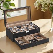 Lockable 12 Slot Watch Box with Glass Lid and Drawer for Mens Accessories by Songmics