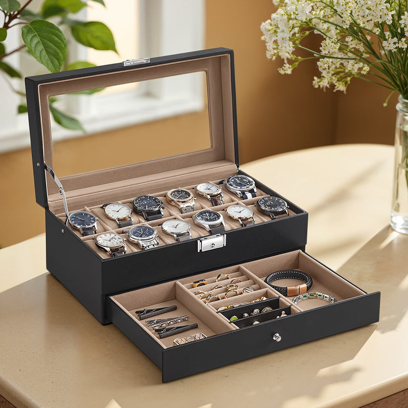Lockable 12 Slot Watch Box with Glass Lid and Drawer for Mens Accessories by Songmics